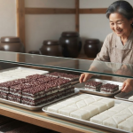시루떡 이름 뜻 명절을 앞둔 떡집 진열대의 팥시루떡과 백설기