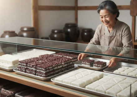 시루떡 이름 뜻 명절을 앞둔 떡집 진열대의 팥시루떡과 백설기