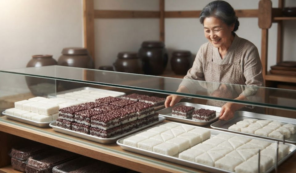 시루떡 이름 뜻 명절을 앞둔 떡집 진열대의 팥시루떡과 백설기
