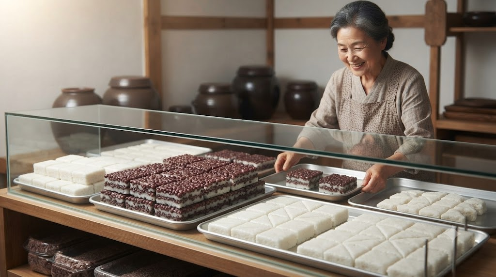 시루떡 이름 뜻 명절을 앞둔 떡집 진열대의 팥시루떡과 백설기