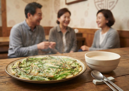 파전 해물파전 막걸리와 함께 놓인 파전 한 장