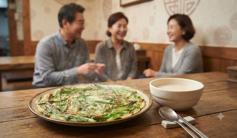 파전 해물파전 막걸리와 함께 놓인 파전 한 장