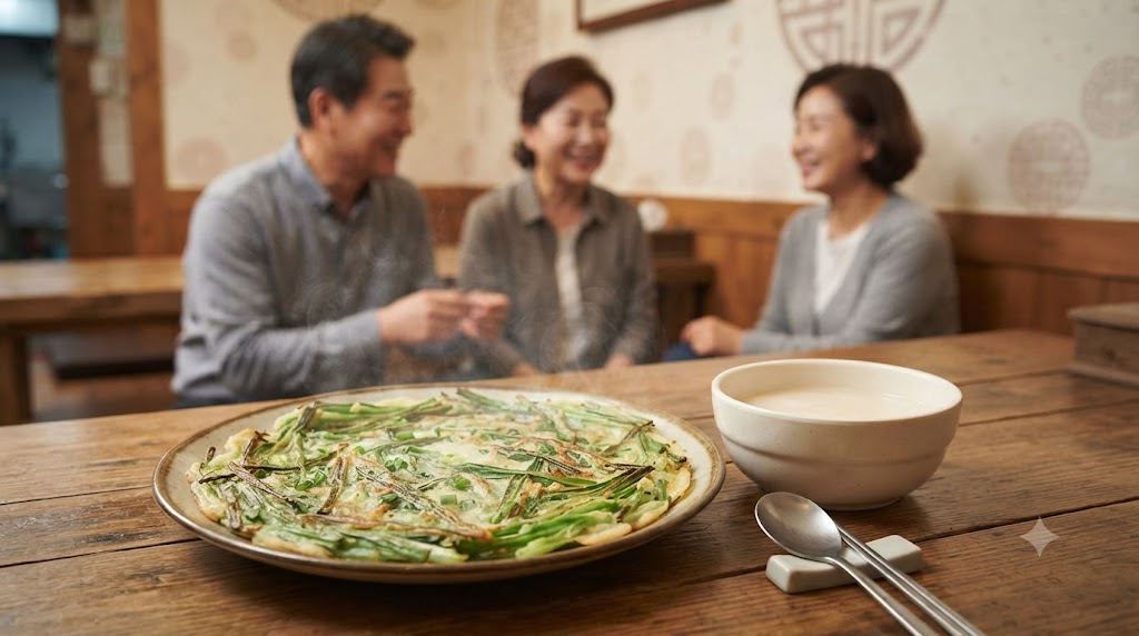 파전 해물파전 막걸리와 함께 놓인 파전 한 장