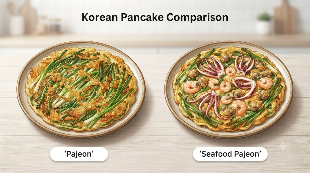 파전 해물파전 파전과 해물파전의 중심 재료를 비교한 이미지