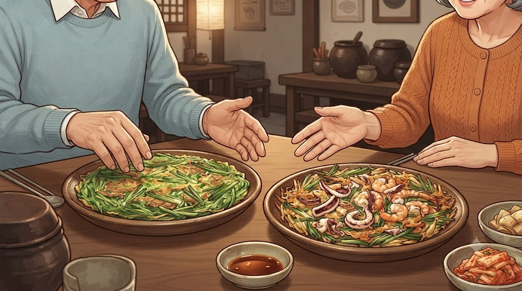 파전 해물파전 파전과 해물파전을 함께 놓고 고르는 식당 장면