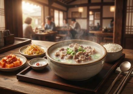 꼬리곰탕 이름 뜻 식당 상에 놓인 꼬리곰탕과 반찬