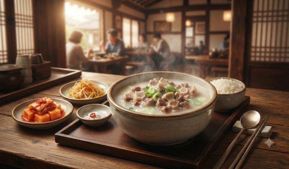 꼬리곰탕 이름 뜻 식당 상에 놓인 꼬리곰탕과 반찬