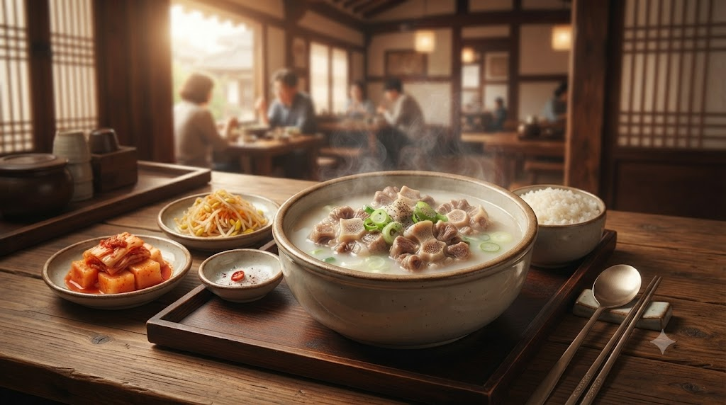 꼬리곰탕 이름 뜻 식당 상에 놓인 꼬리곰탕과 반찬