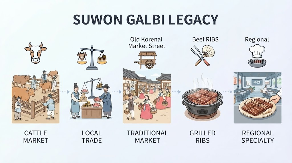 수원왕갈비 이름 뜻 수원 우시장과 갈비 음식의 지역적 배경을 연결한 설명 이미지