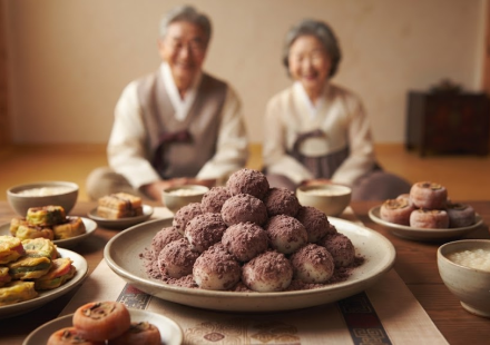 경단 이름 뜻 백일상이나 전통 상차림에 놓인 붉은 팥고물 경단