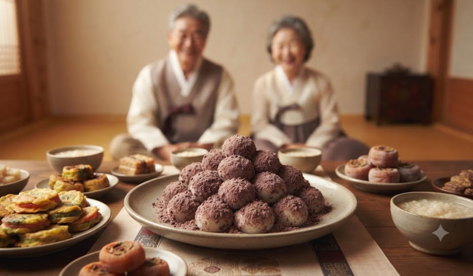 경단 이름 뜻 백일상이나 전통 상차림에 놓인 붉은 팥고물 경단