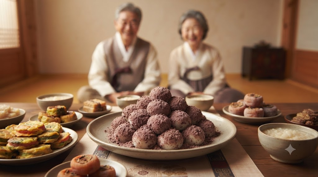 경단 이름 뜻 백일상이나 전통 상차림에 놓인 붉은 팥고물 경단