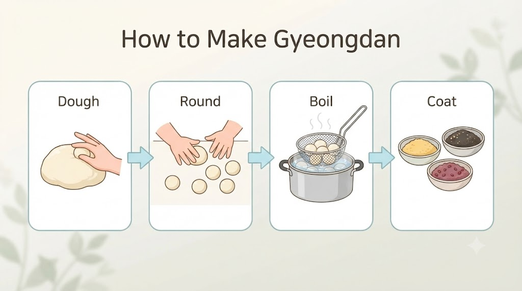 경단 이름 뜻 경단을 둥글게 빚고 삶은 뒤 고물을 묻히는 과정을 보여주는 설명 이미지
