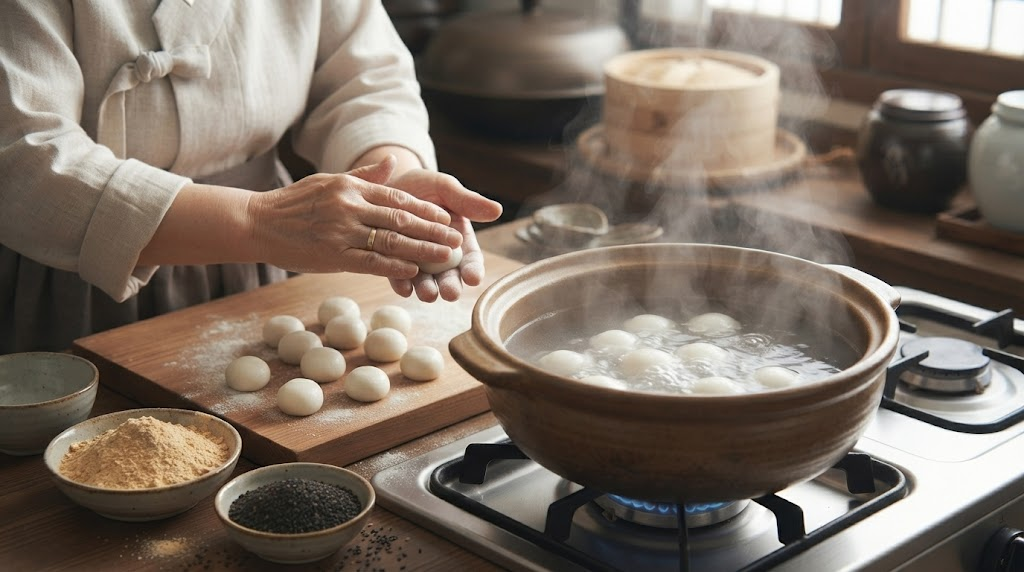경단 이름 뜻 둥글게 빚은 경단을 삶고 고물을 준비하는 전통 떡 만들기 장면
