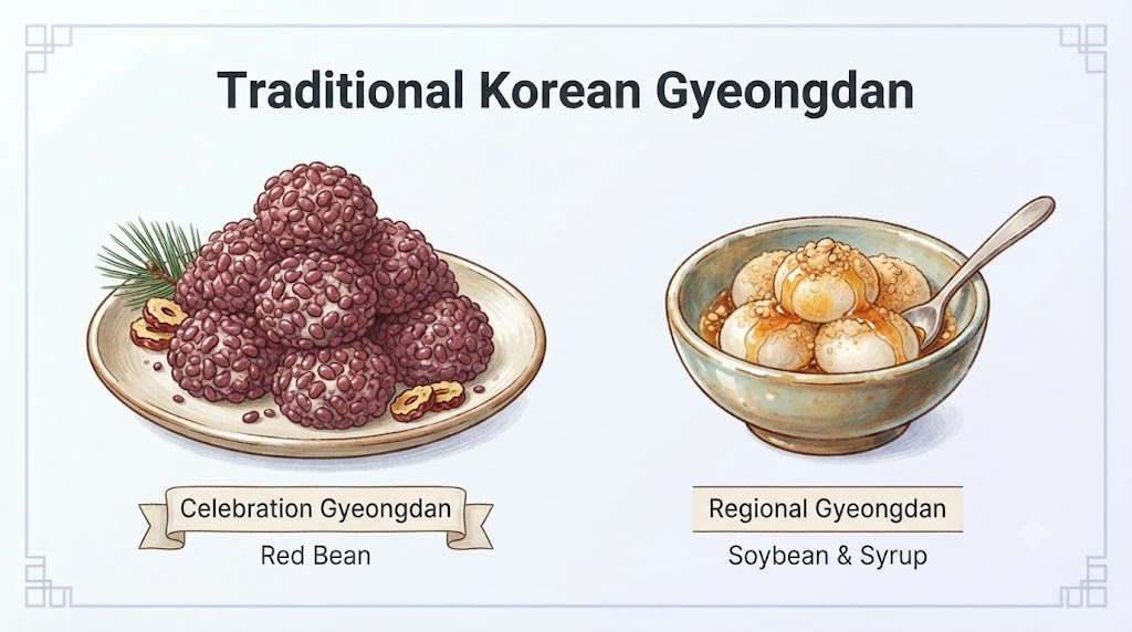 경단 이름 뜻 수수경단과 지역식 경단의 차이를 나란히 보여주는 삽화