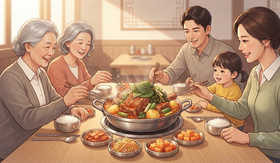 감자탕 이름 뜻을 떠올리게 하는 돼지 등뼈와 감자가 담긴 감자탕 한 냄비