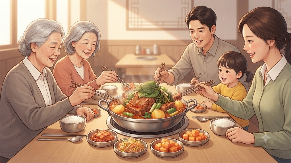 감자탕 이름 뜻을 떠올리게 하는 돼지 등뼈와 감자가 담긴 감자탕 한 냄비