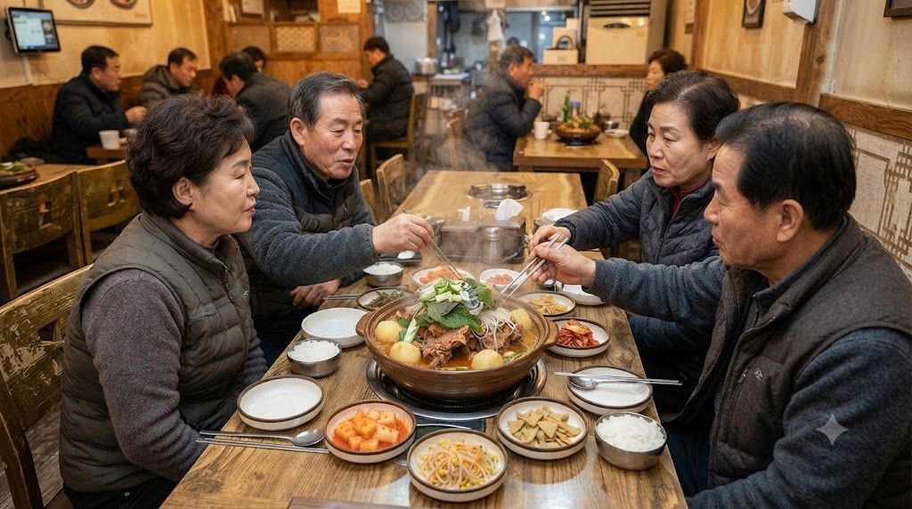 감자탕 이름 뜻과 현재 메뉴 쓰임을 보여주는 여러 사람이 함께 먹는 감자탕 상차림