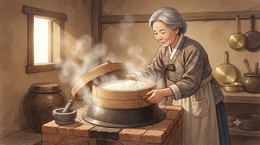 백설기 이름 뜻 시루에 흰 쌀가루를 안쳐 백설기를 찌는 전통 조리 장면