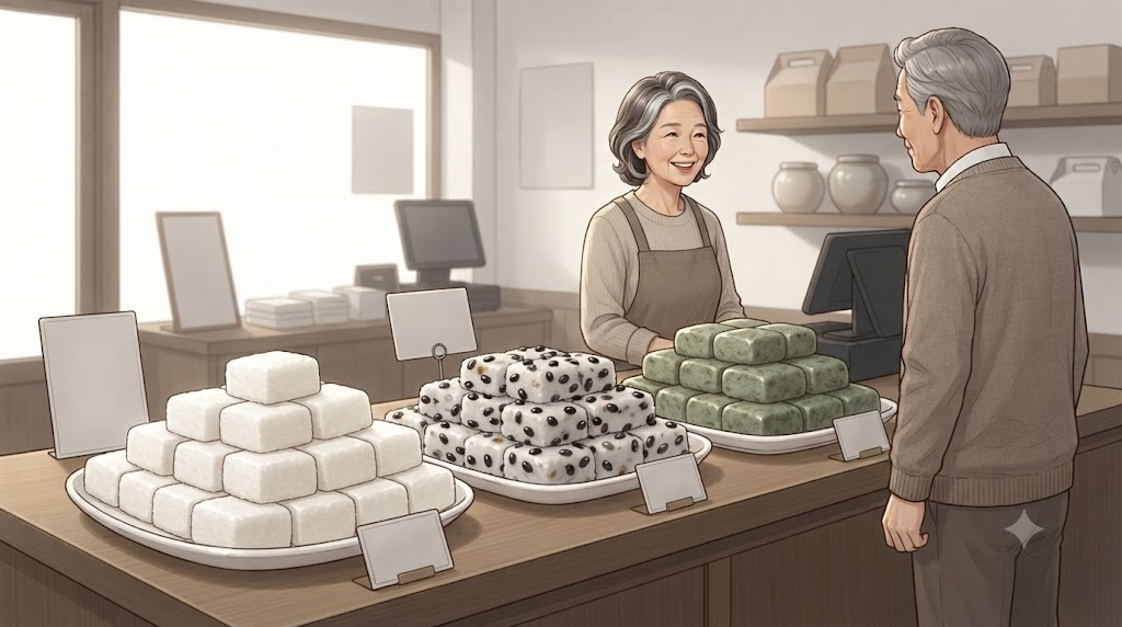 백설기 이름 뜻 떡집 진열대의 백설기와 콩설기 쑥설기를 함께 보여주는 모습
