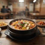 백반집 식탁에 놓인 고추장찌개 한 그릇과 고추장찌개 이름 뜻을 보여 주는 장면