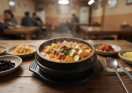 백반집 식탁에 놓인 고추장찌개 한 그릇과 고추장찌개 이름 뜻을 보여 주는 장면