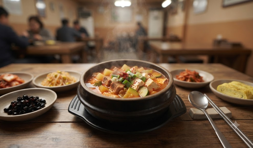 백반집 식탁에 놓인 고추장찌개 한 그릇과 고추장찌개 이름 뜻을 보여 주는 장면