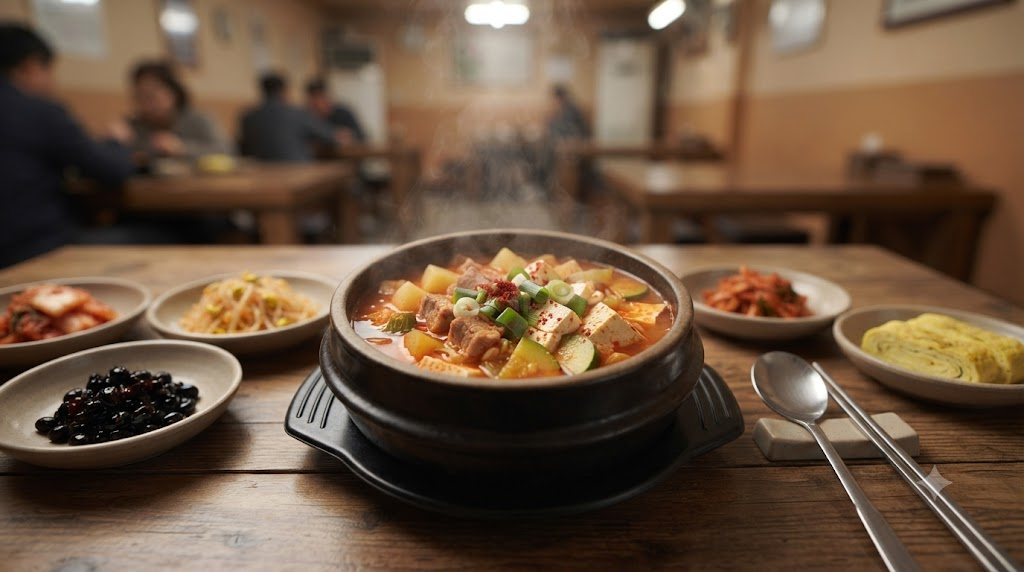 백반집 식탁에 놓인 고추장찌개 한 그릇과 고추장찌개 이름 뜻을 보여 주는 장면