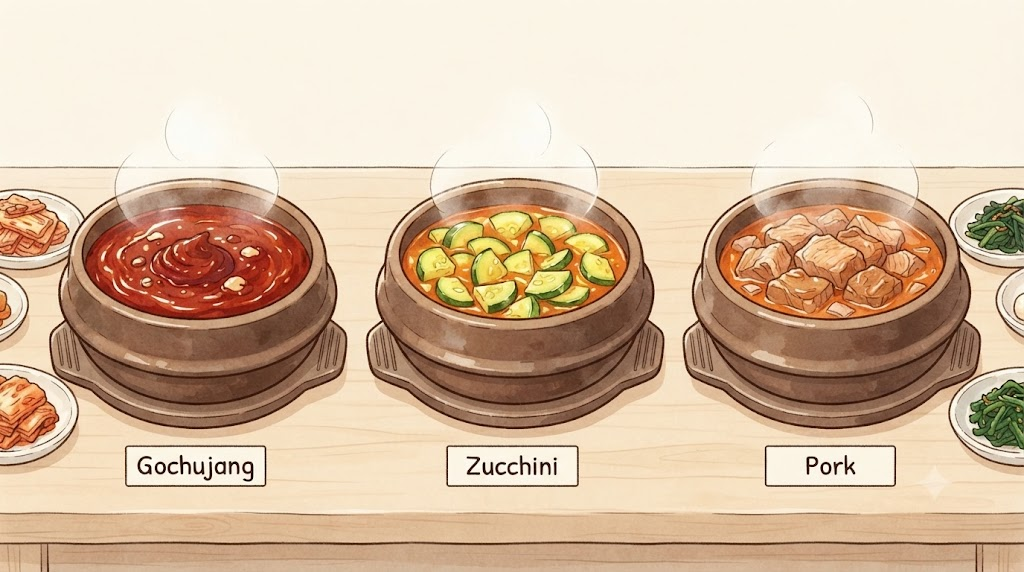 고추장찌개 이름 뜻 고추장찌개 애호박찌개 돼지고기찌개의 이름 기준 차이를 보여 주는 비교 이미지