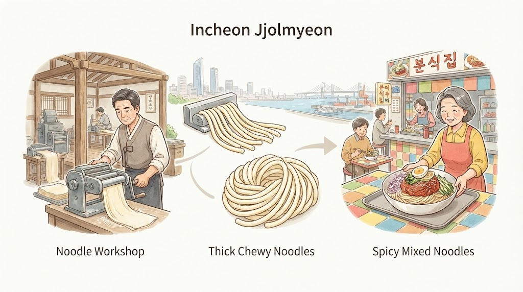 인천쫄면 이름 뜻 인천의 제면업과 분식집에서 이어진 인천쫄면 탄생 배경을 설명하는 이미지