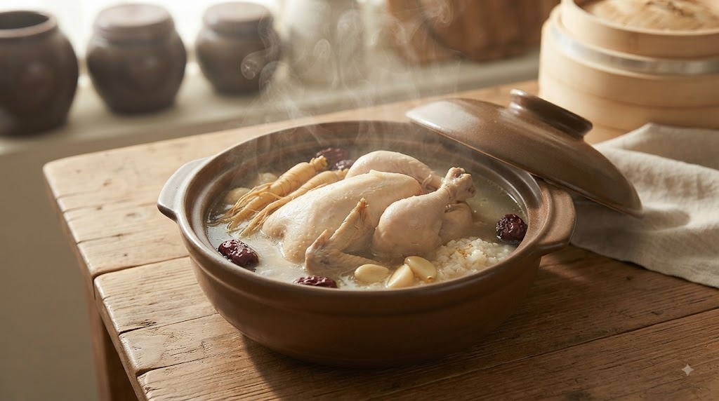 삼계탕 이름 뜻 닭과 인삼 찹쌀을 넣고 끓이는 삼계탕 조리 장면