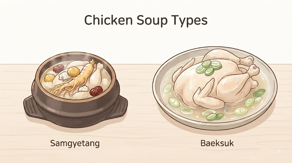 삼계탕 이름 뜻 삼계탕과 닭백숙의 그릇 크기와 재료 차이를 보여주는 비교 이미지