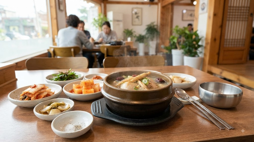 여름 식당 상차림에 놓인 삼계탕과 삼계탕 이름 뜻을 떠올리는 장면