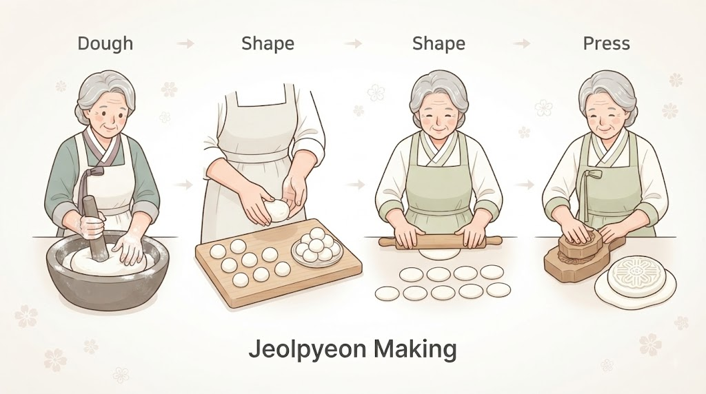절편을 쳐서 나누고 떡살로 누르는 과정을 보여주는 절편 이름 뜻 설명 이미지