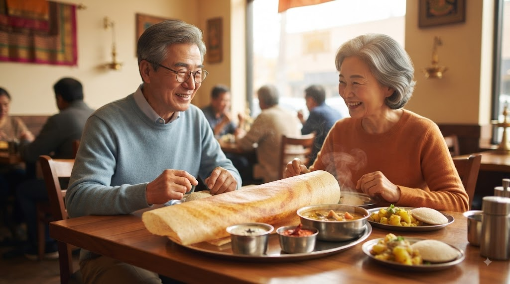 도사 이름 뜻을 떠올릴 수 있는 처트니와 삼바르를 곁들인 남인도 도사 상차림