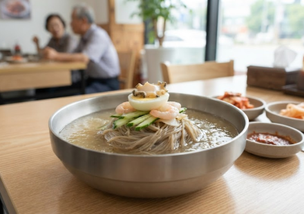 중화냉면 이름 뜻을 보여주는 오이 달걀 새우 고명의 차가운 중식 면 요리