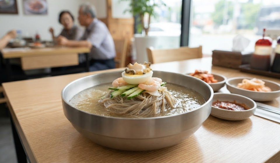 중화냉면 이름 뜻을 보여주는 오이 달걀 새우 고명의 차가운 중식 면 요리