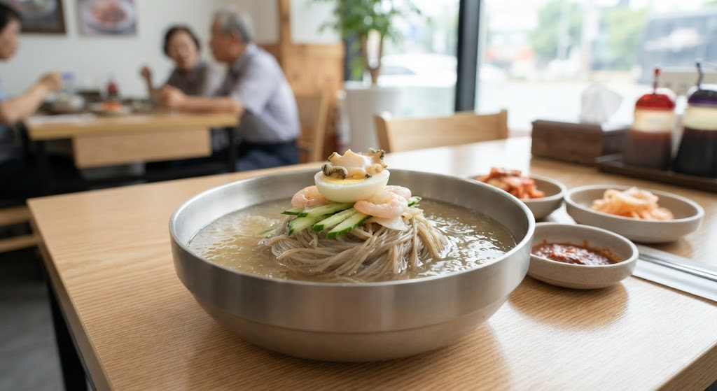 중화냉면 이름 뜻을 보여주는 오이 달걀 새우 고명의 차가운 중식 면 요리