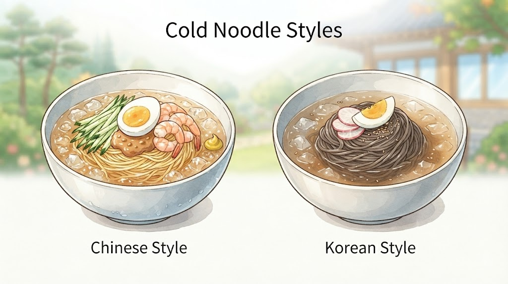 중화냉면 이름 뜻 중화냉면과 한식 냉면의 그릇 구성 차이를 비교한 이미지