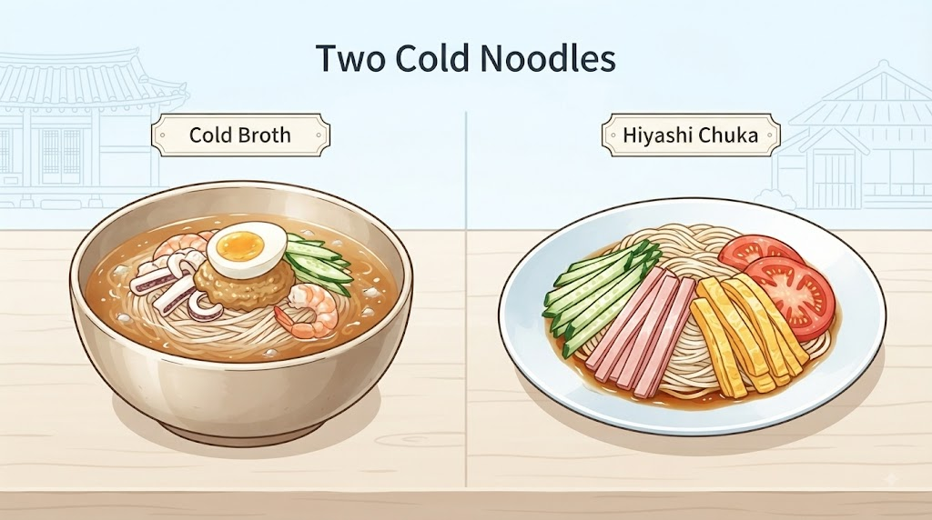 중화냉면 이름 뜻 중화냉면과 일본식 냉중화 히야시츄카의 차이를 보여주는 삽화