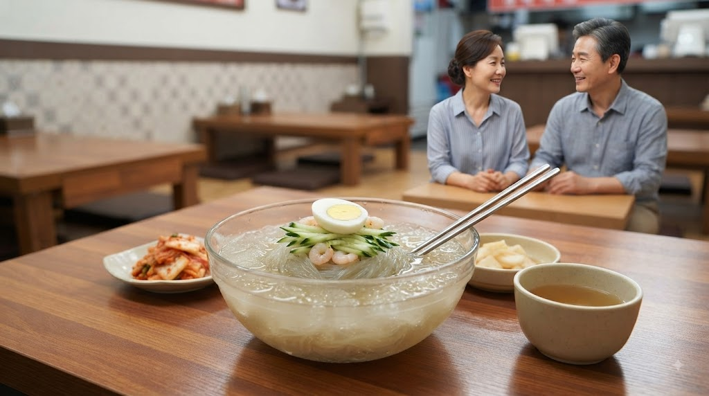중화냉면 이름 뜻 여름 중국집에서 주문한 중화냉면 한 그릇과 식탁 장면