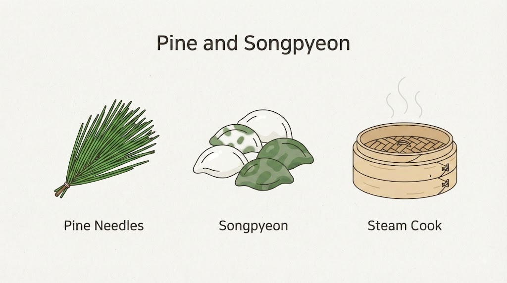 솔잎과 찜기, 송편의 관계를 보여 주는 송편 이름 뜻 설명 이미지