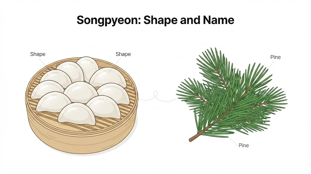 송편 이름 뜻 반달 모양 이야기와 솔잎에서 찾는 송편 이름 유래를 구분해 보여 주는 삽화