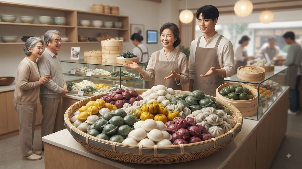 여러 색과 속재료의 송편이 함께 진열된 모습으로 송편 이름 뜻의 현재 쓰임을 보여 주는 장면