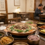 한식당 식탁에 놓인 불고기전골과 반찬으로 보는 불고기전골 이름 뜻