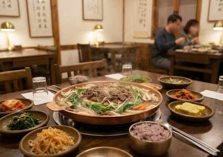 한식당 식탁에 놓인 불고기전골과 반찬으로 보는 불고기전골 이름 뜻