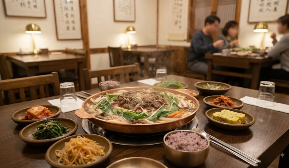 한식당 식탁에 놓인 불고기전골과 반찬으로 보는 불고기전골 이름 뜻