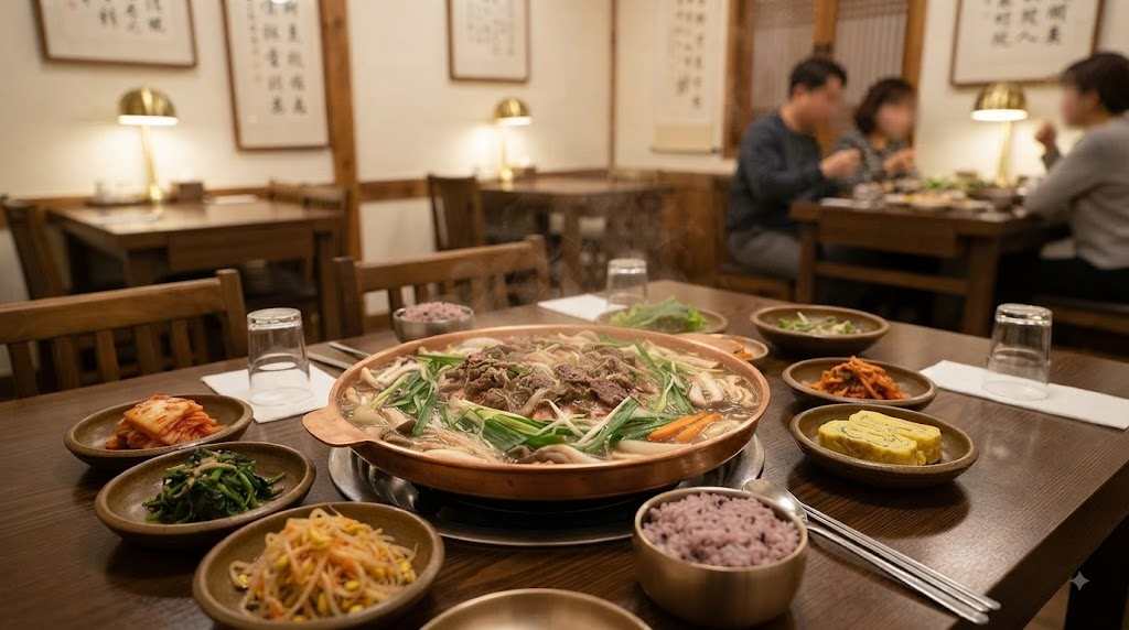 한식당 식탁에 놓인 불고기전골과 반찬으로 보는 불고기전골 이름 뜻