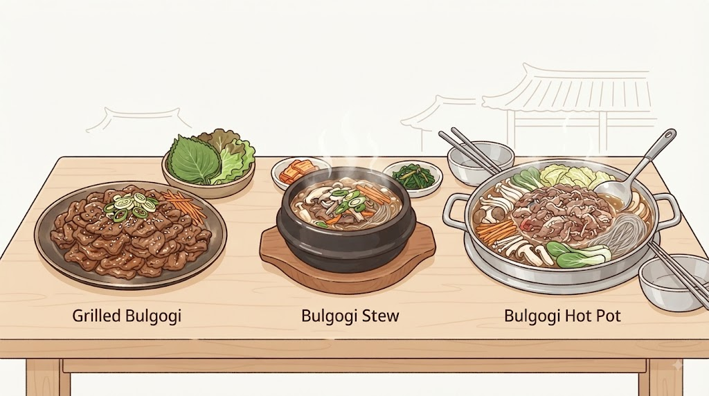 불고기전골 이름 뜻 불고기와 뚝배기불고기 불고기전골의 차림새 차이를 비교한 삽화