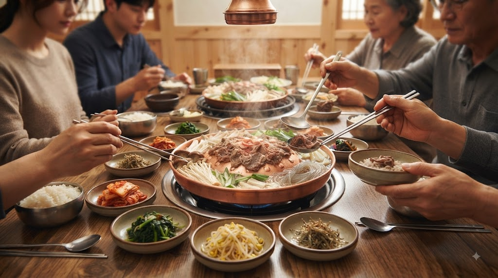 여러 사람이 한 냄비의 불고기전골을 나누어 먹는 식탁과 불고기전골 이름 뜻